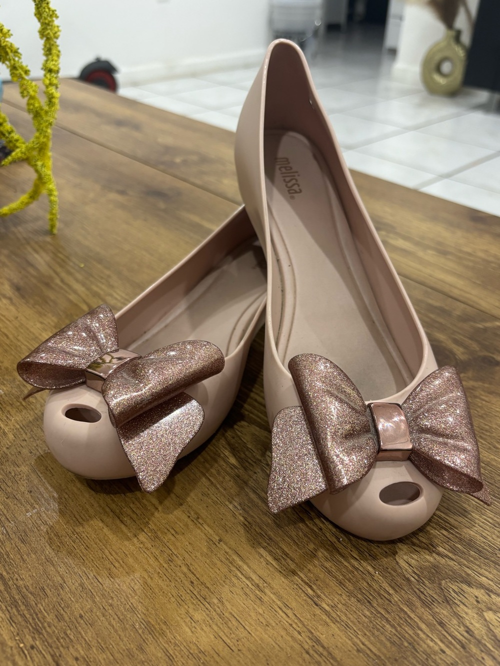 Melissa peep toe bow flats.